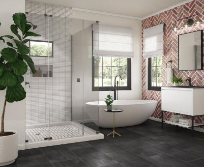 Picture of Contemporary bathroom with stone wall tiles and grey floor